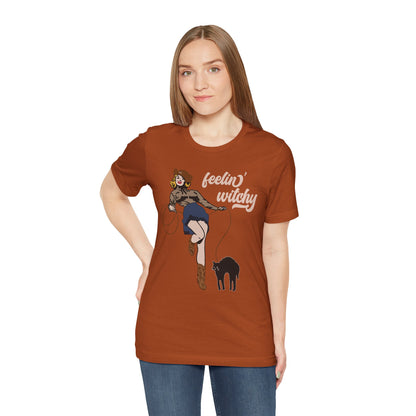 Feeling Witchy Shirt – Vintage Pin-Up Girl & Black Cat Halloween Tee