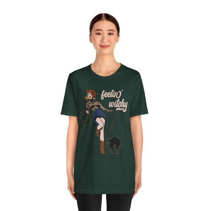 Feeling Witchy Shirt – Vintage Pin-Up Girl & Black Cat Halloween Tee