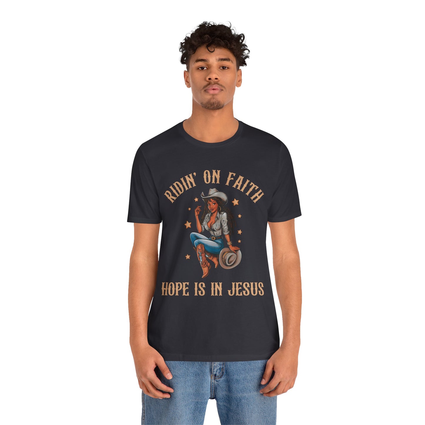 Ridin’ On Faith Cowgirl Shirt – Black Christian Western Jesus Tee
