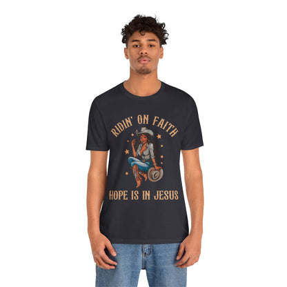 Ridin’ On Faith Cowgirl Shirt – Black Christian Western Jesus Tee