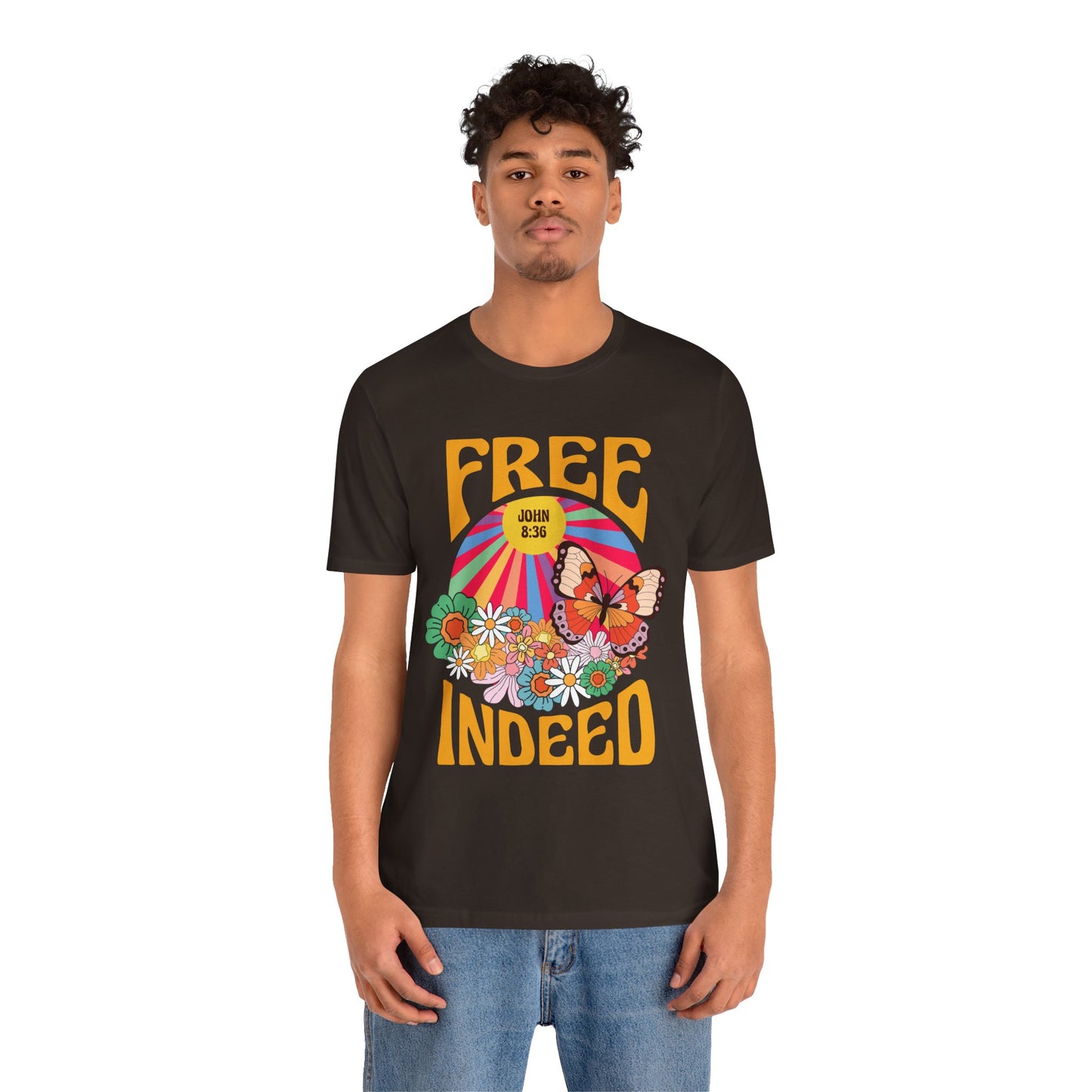 Free Indeed Shirt – Retro Flowers & Butterflies 80s John 8:36 Christian Tee