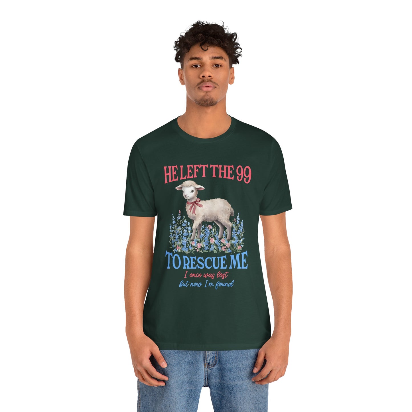 He Left the 99 to Rescue Me Shirt – Christian Lamb Flowers Faith Tee