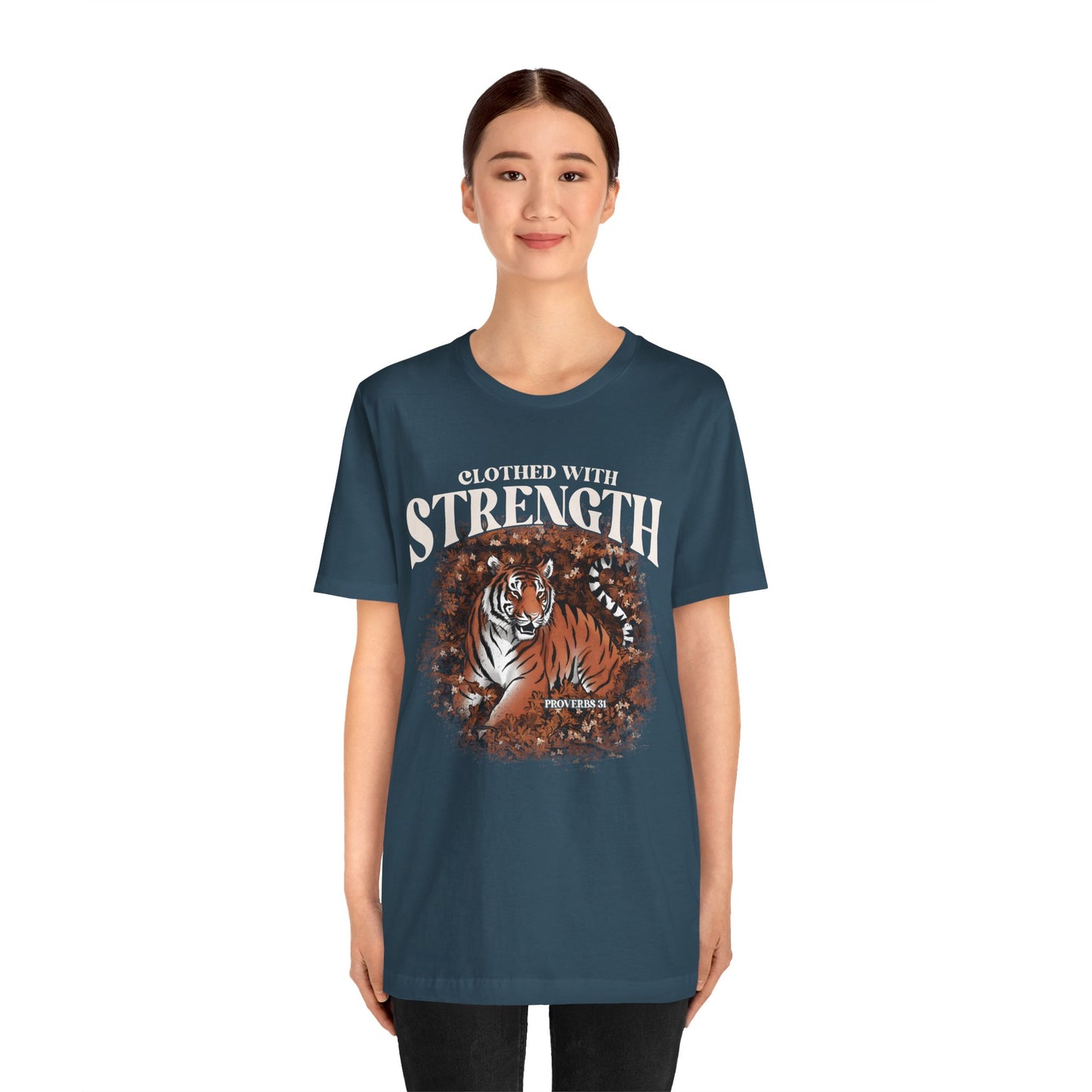 Clothed With Strength Shirt – Christian Tiger Cherry Blossom Proverbs 31:25 Tee