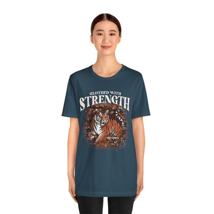Clothed With Strength Shirt – Christian Tiger Cherry Blossom Proverbs 31:25 Tee