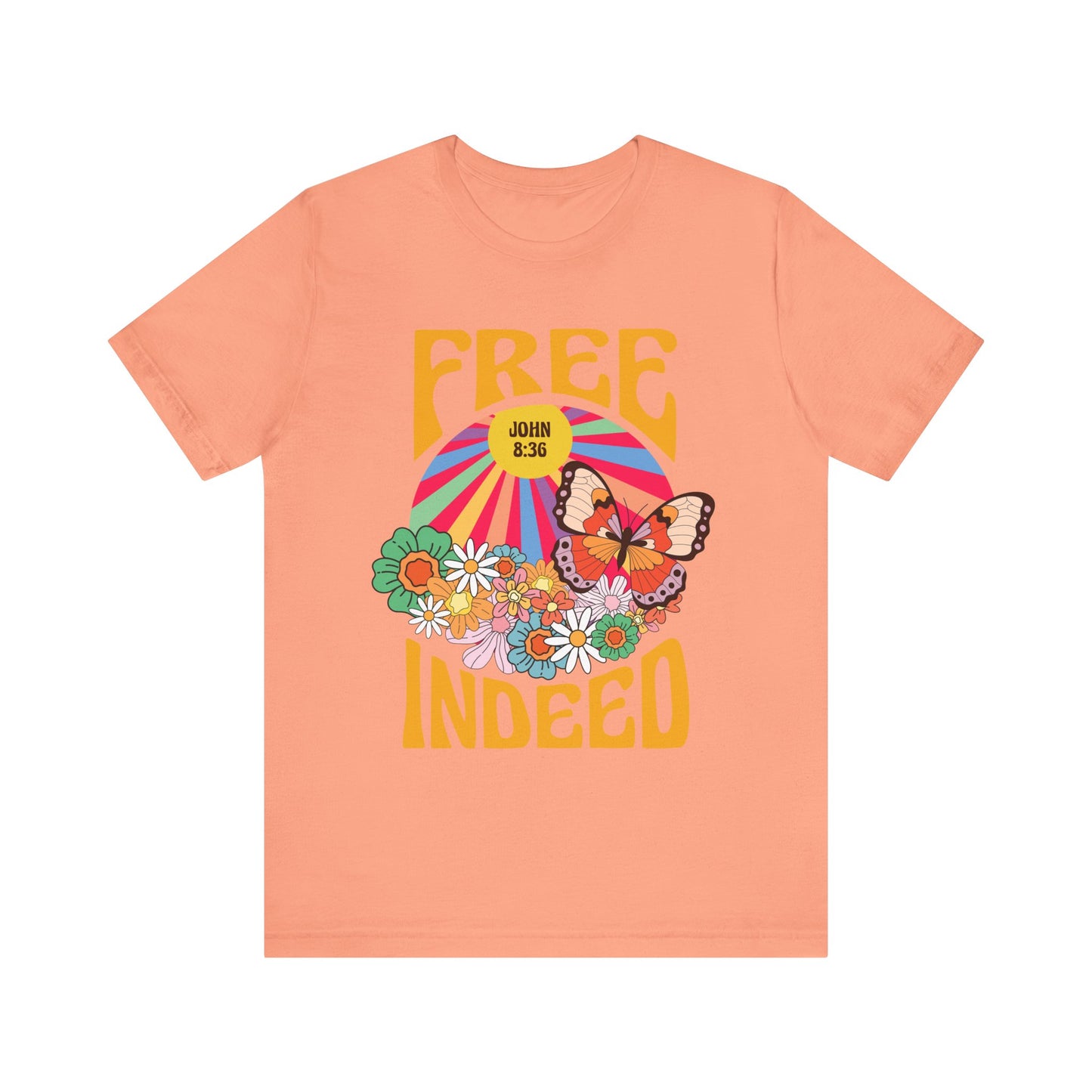 Free Indeed Shirt – Retro Flowers & Butterflies 80s John 8:36 Christian Tee