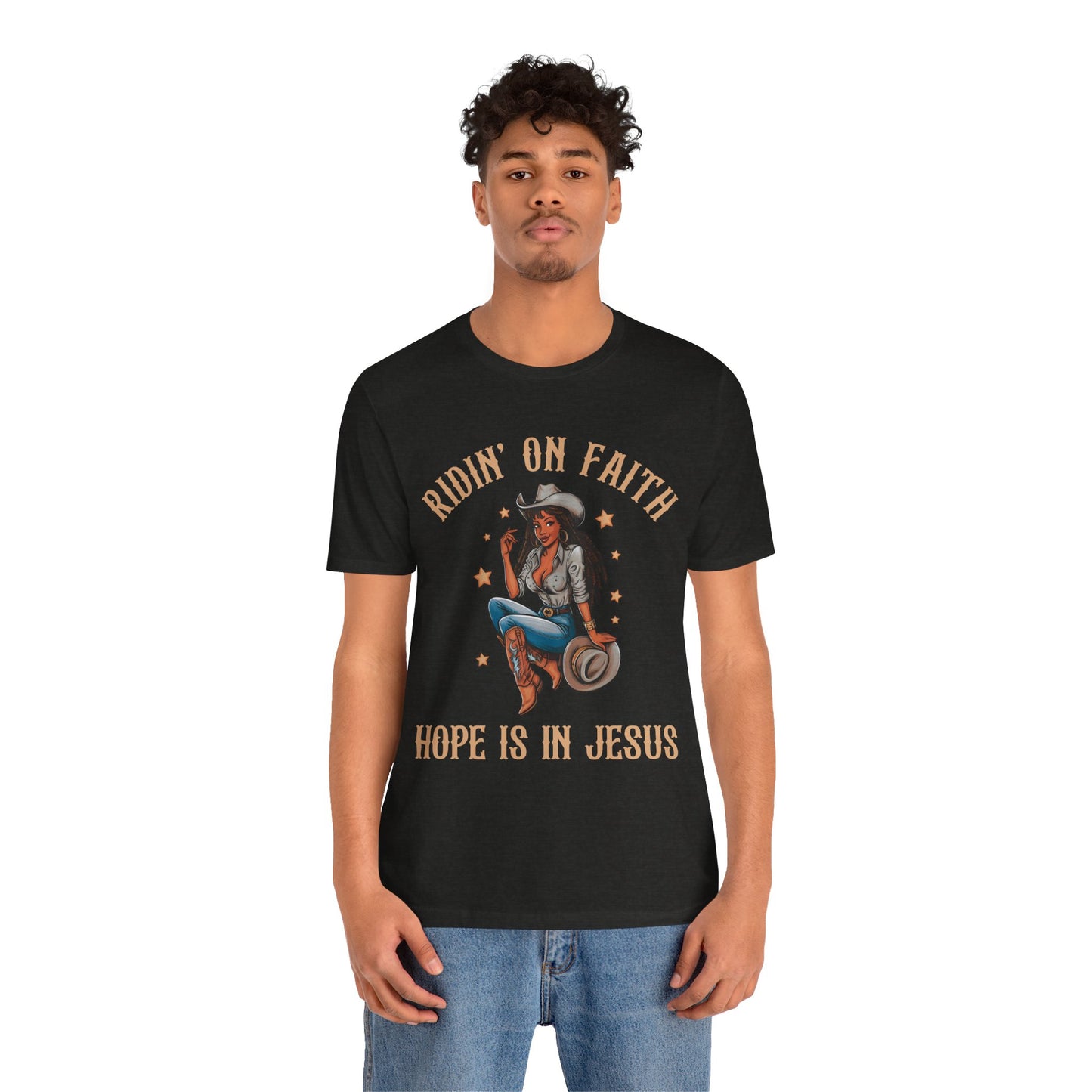 Ridin’ On Faith Cowgirl Shirt – Black Christian Western Jesus Tee