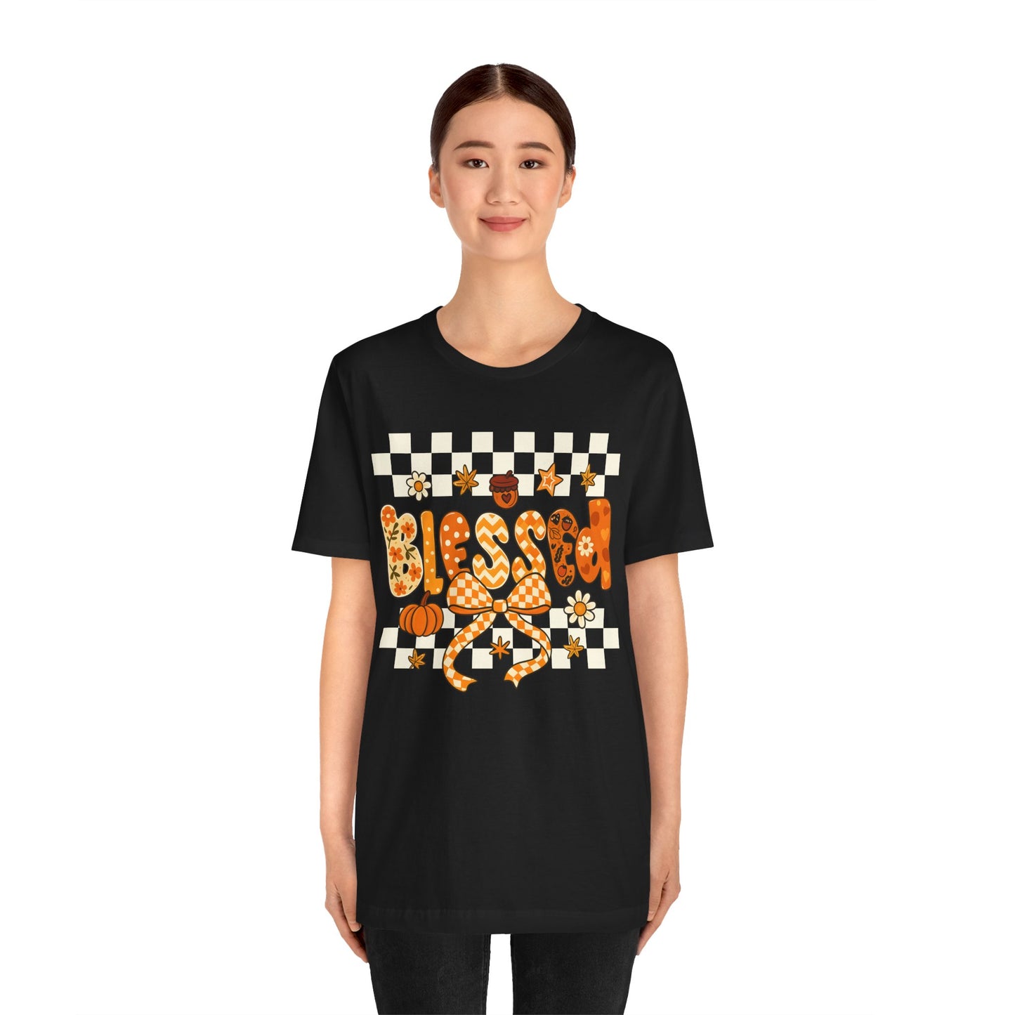 Blessed Checkerboard Pumpkin Shirt – Christian Thankful Fall Thanksgiving Tee