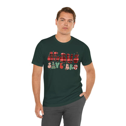 Groovy Jesus Saves Bro Shirt – Retro Red Plaid Christian Christmas Tee