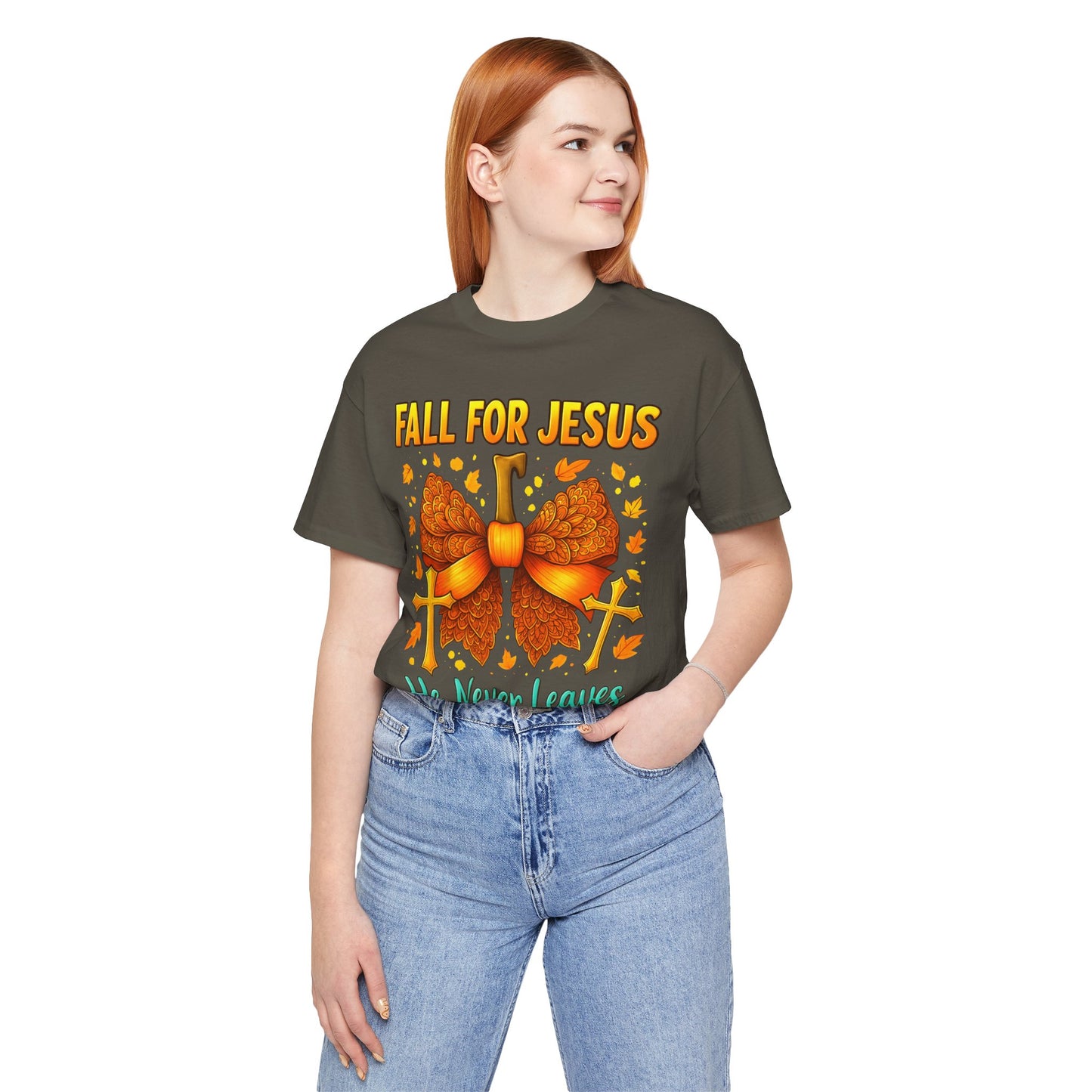 Fall for Jesus He Never Leaves Shirt – Christian Pumpkin Bow Thanksgiving Tee