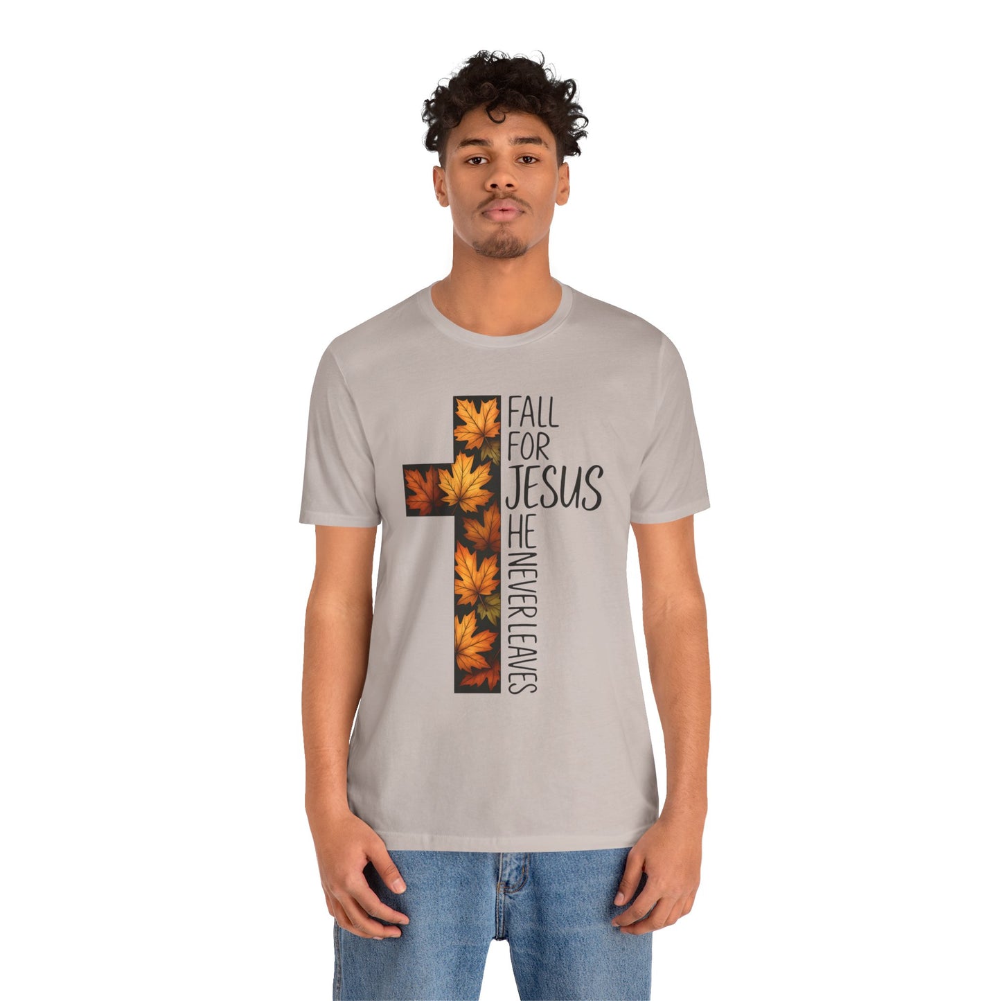 Fall for Jesus He Never Leaves Shirt – Retro Christian Cross Thanksgiving Tee