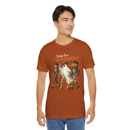 Long Live Cowghouls Shirt Western Halloween Skeleton Ghost Pumpkin Tee, Spooky Cowgirl Fall Outfit
