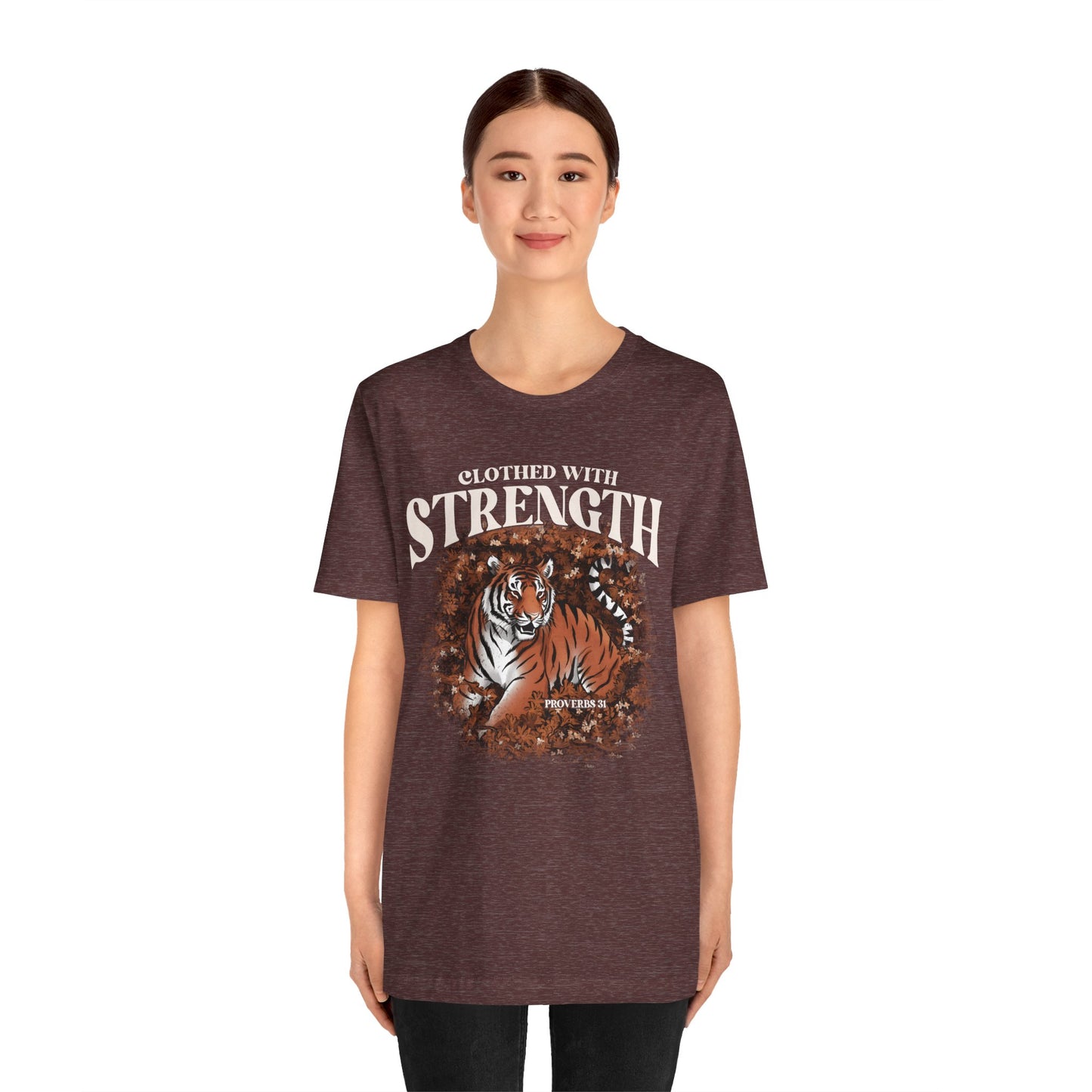 Clothed With Strength Shirt – Christian Tiger Cherry Blossom Proverbs 31:25 Tee