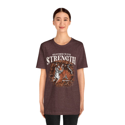 Clothed With Strength Shirt – Christian Tiger Cherry Blossom Proverbs 31:25 Tee