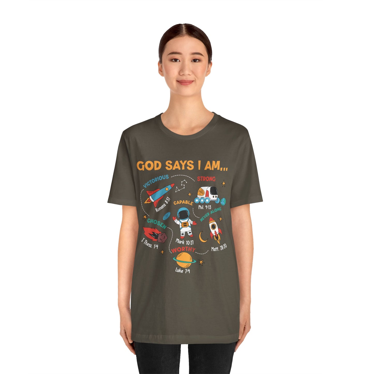 God Says I Am Kids Shirt – Christian Astronaut Space Galaxy Bible Affirmation Tee