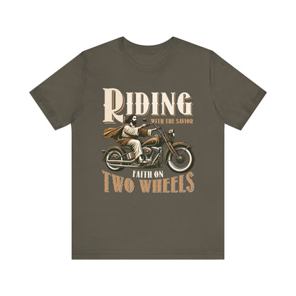 Riding With the Savior Shirt – Christian Biker Motorcycle Faith Graphic Tee