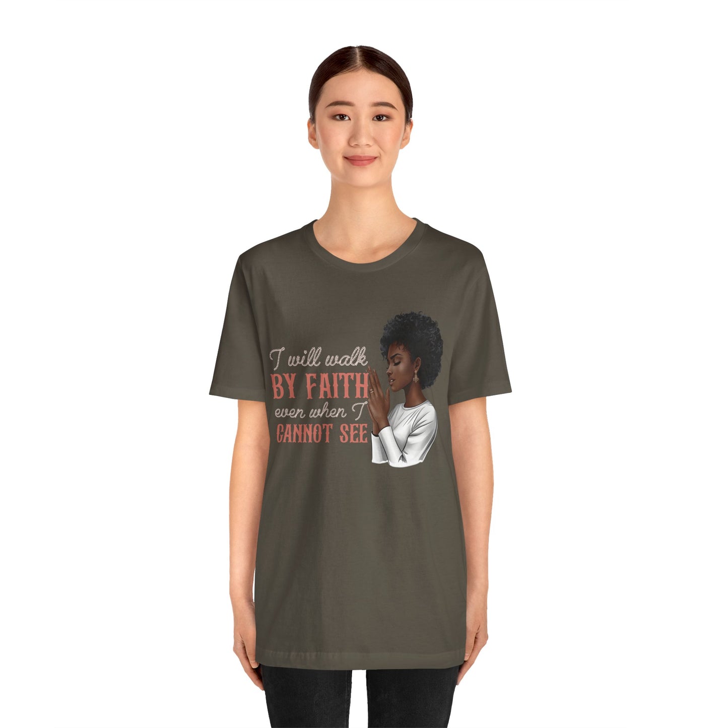 I Will Walk by Faith Shirt – Black Woman Praying Christian Bible Verse Tee