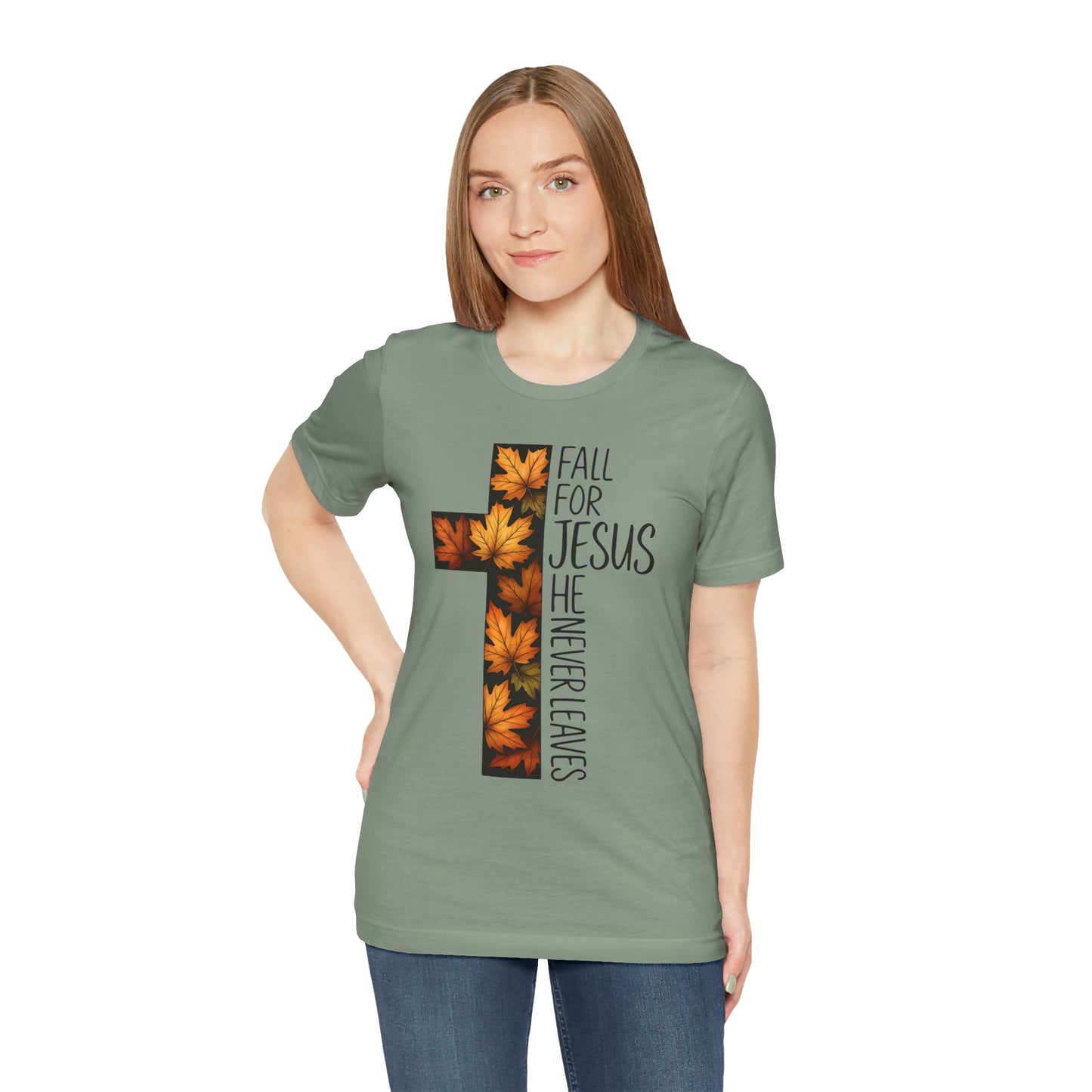 Fall for Jesus He Never Leaves Shirt – Retro Christian Cross Thanksgiving Tee