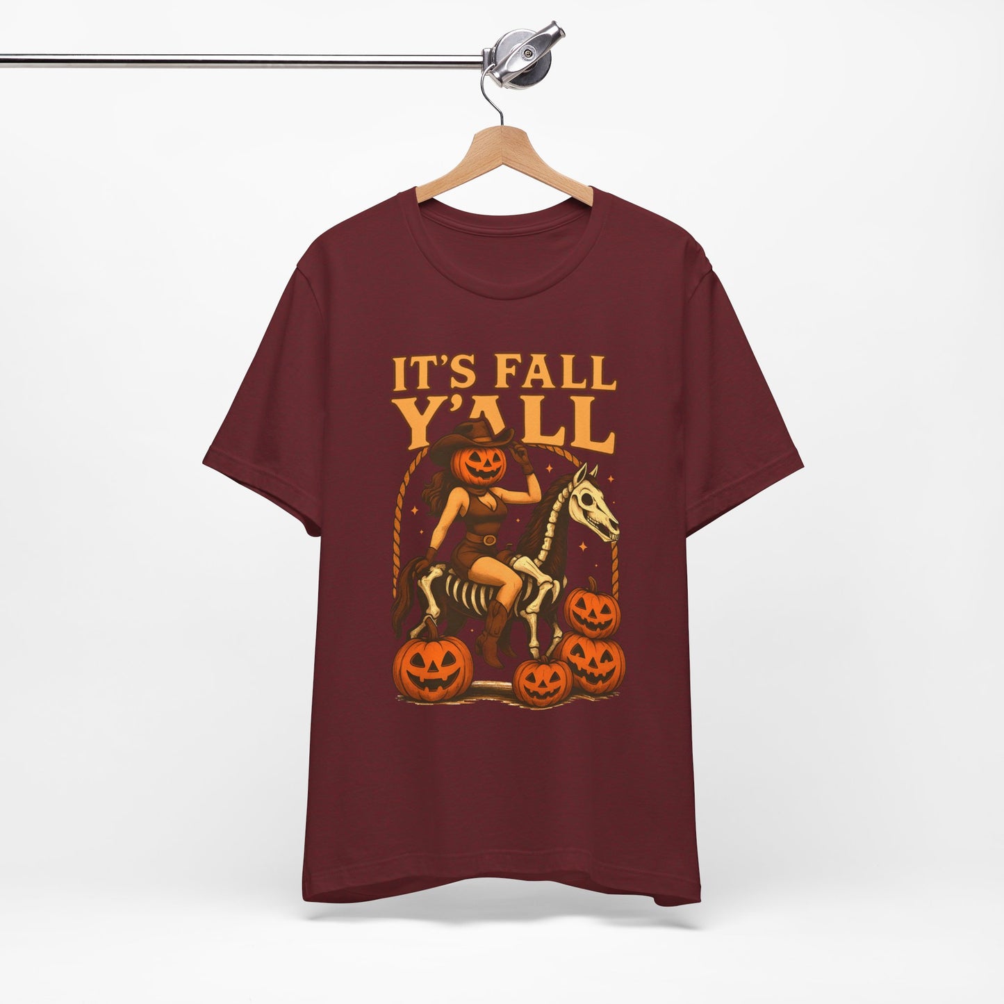 It’s Fall Y’all Shirt – Pumpkin Head Cowgirl Skeleton Horse Western Tee