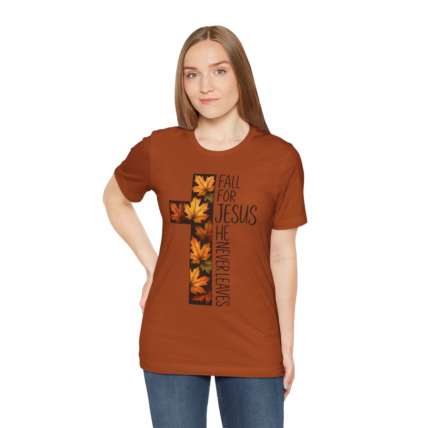 Fall for Jesus He Never Leaves Shirt – Retro Christian Cross Thanksgiving Tee