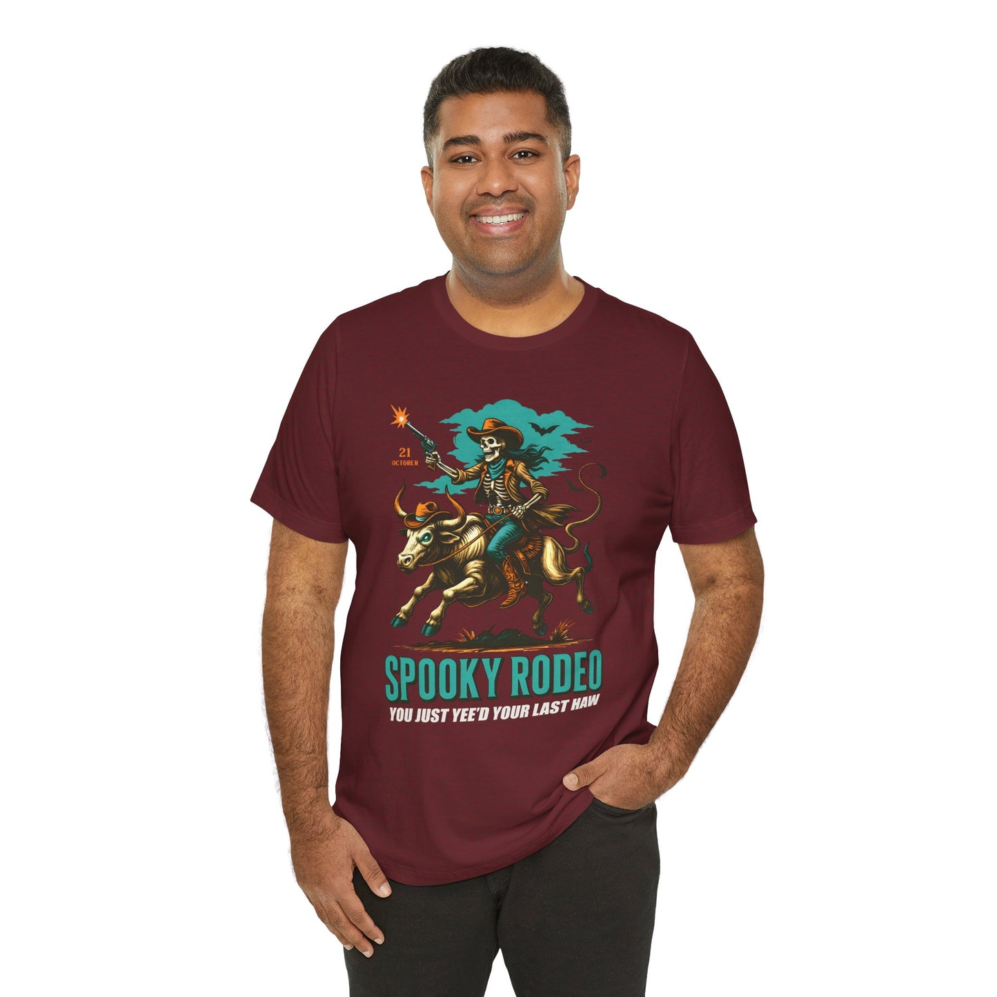 Spooky Rodeo Shirt Skeleton Cowboy Halloween Tee, Western Bull Rider Graphic for Fall