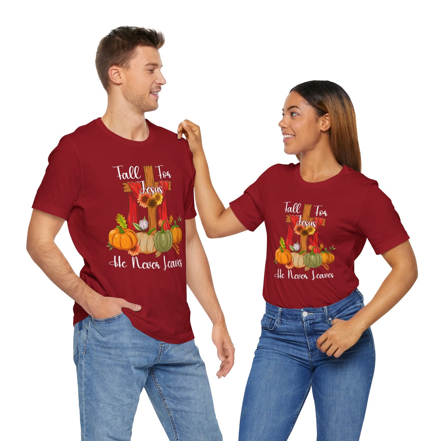 Fall for Jesus He Never Leaves Shirt – Retro Christian Thanksgiving Faith Tee