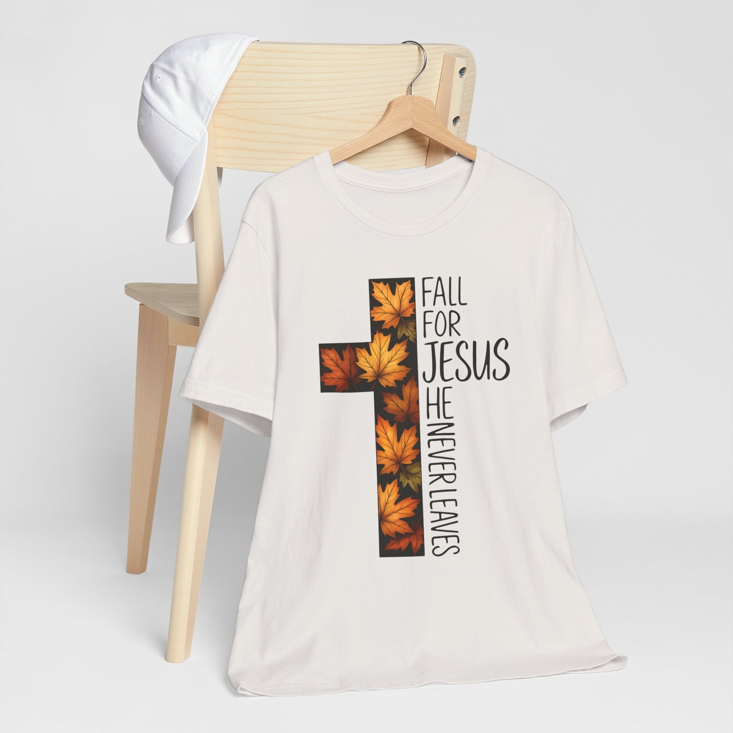 Fall for Jesus He Never Leaves Shirt – Retro Christian Cross Thanksgiving Tee