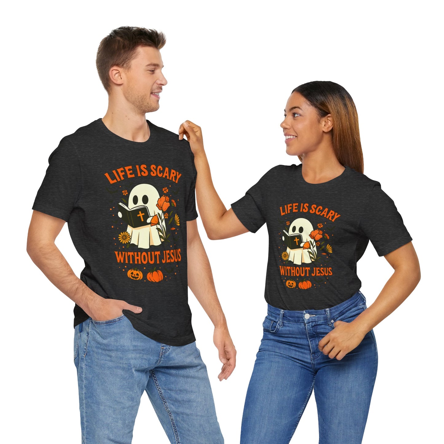 Life Is Scary Without Jesus Shirt – Cute Christian Ghost Halloween Tee
