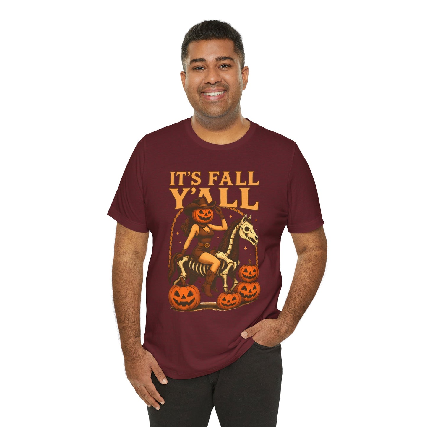 It’s Fall Y’all Shirt – Pumpkin Head Cowgirl Skeleton Horse Western Tee