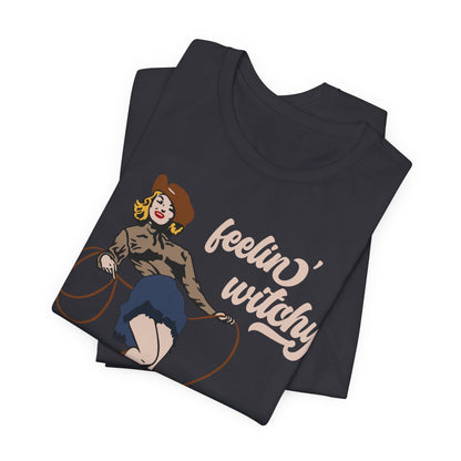 Feeling Witchy Shirt – Vintage Pin-Up Girl & Black Cat Halloween Tee