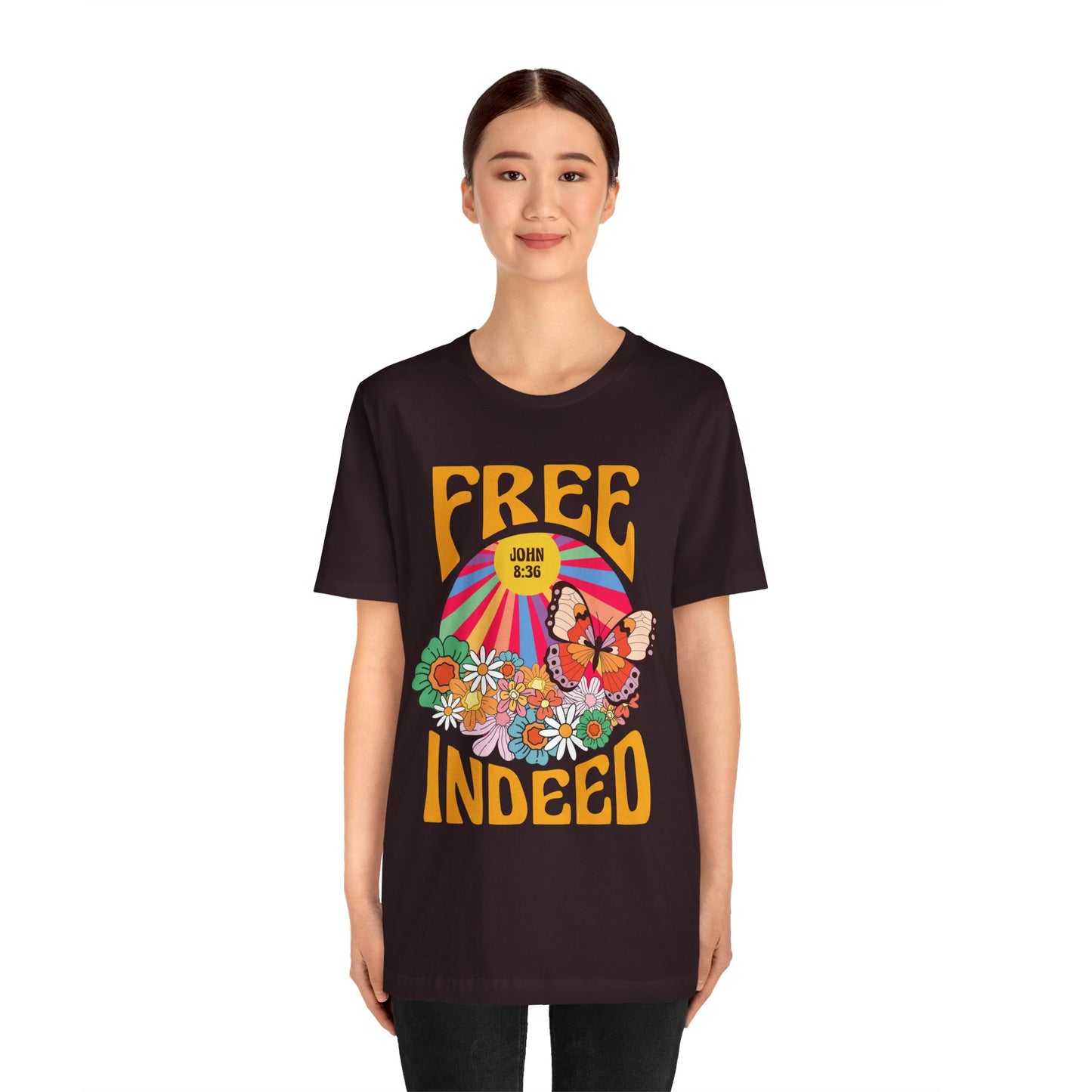 Free Indeed Shirt – Retro Flowers & Butterflies 80s John 8:36 Christian Tee