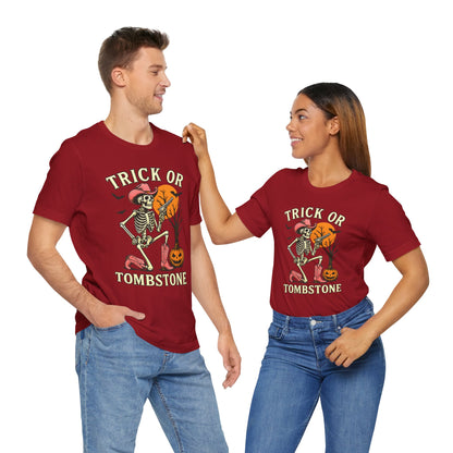 Trick or Tombstone Shirt Funny Skeleton Cowboy Halloween Tee, Spooky Western Rodeo Outfit