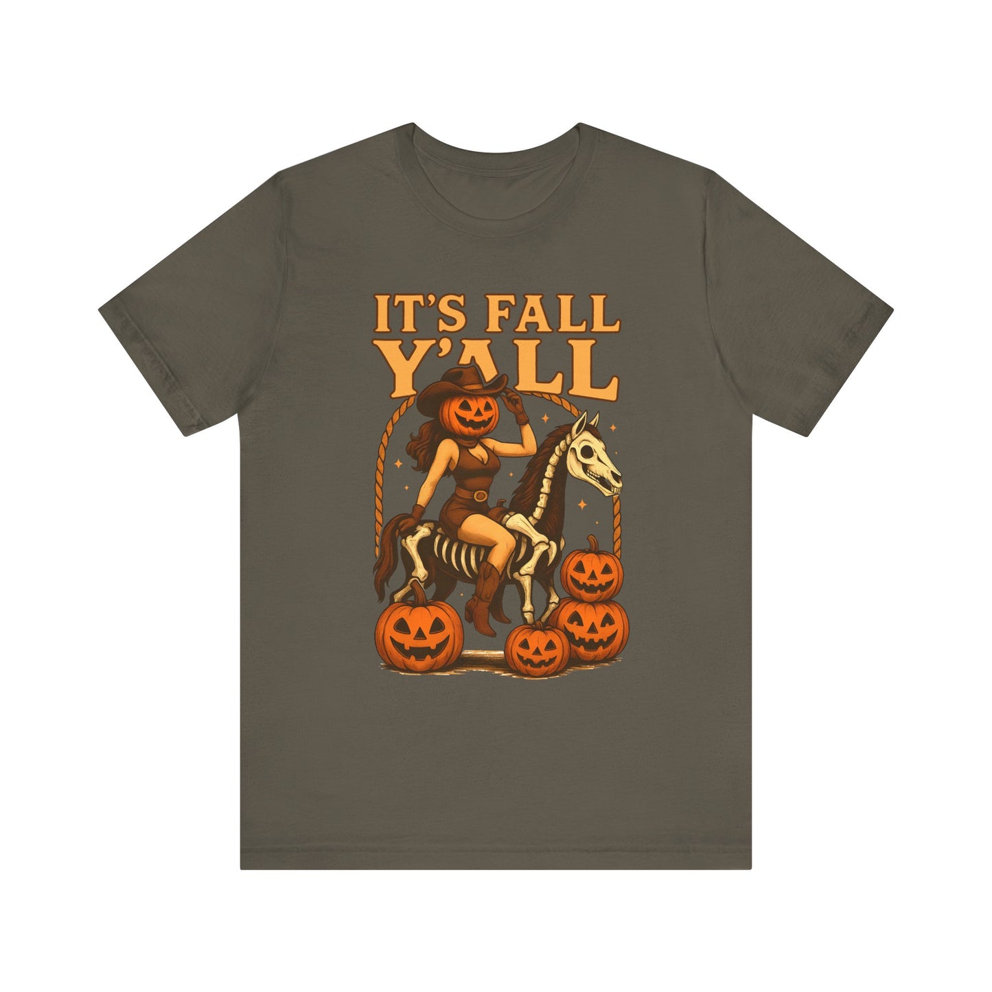It’s Fall Y’all Shirt – Pumpkin Head Cowgirl Skeleton Horse Western Tee