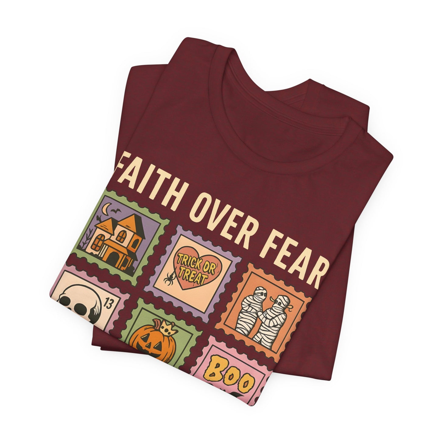 Faith Over Fear Shirt, Christian Halloween Stamp T-Shirt, Religious Spooky Season Tee