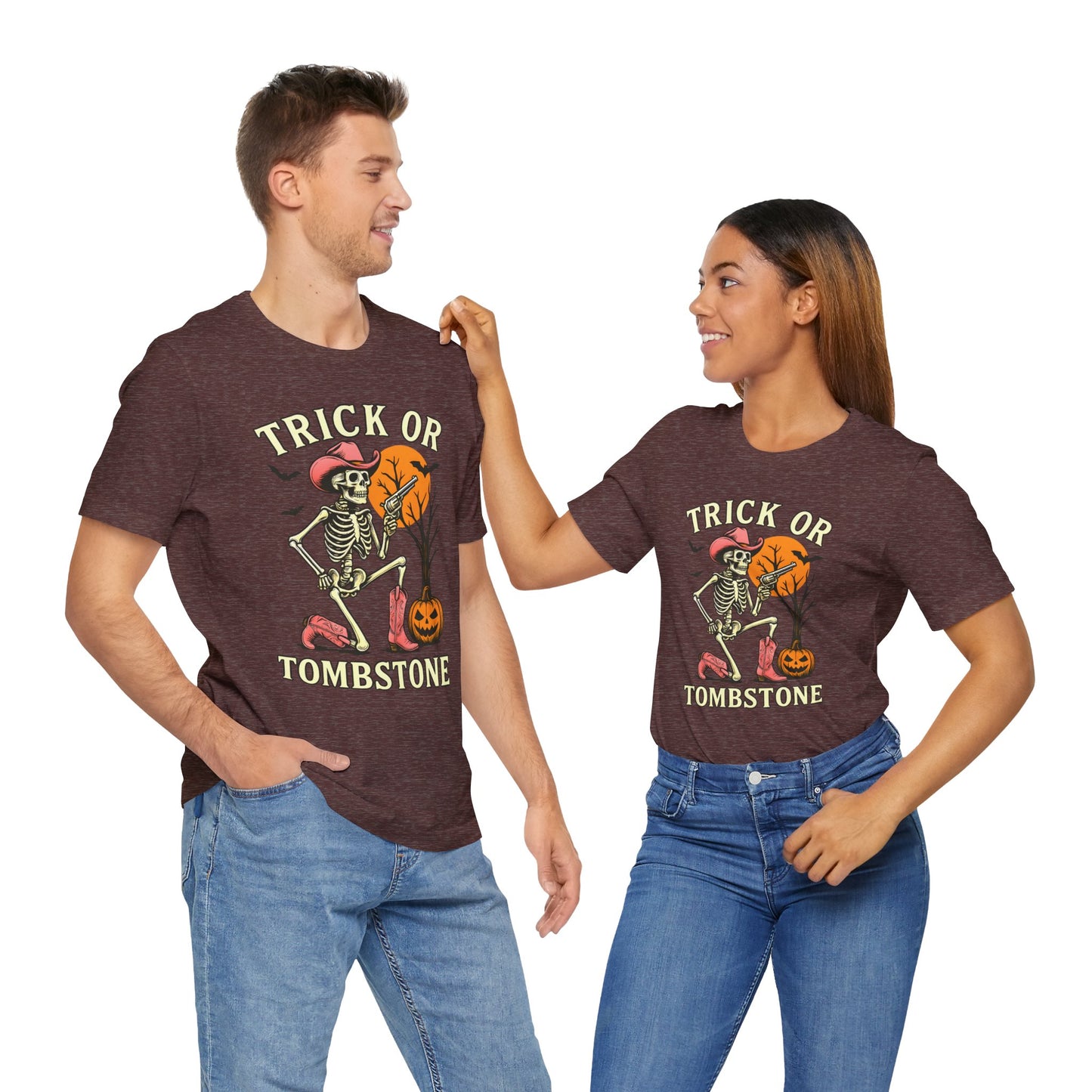 Trick or Tombstone Shirt Funny Skeleton Cowboy Halloween Tee, Spooky Western Rodeo Outfit