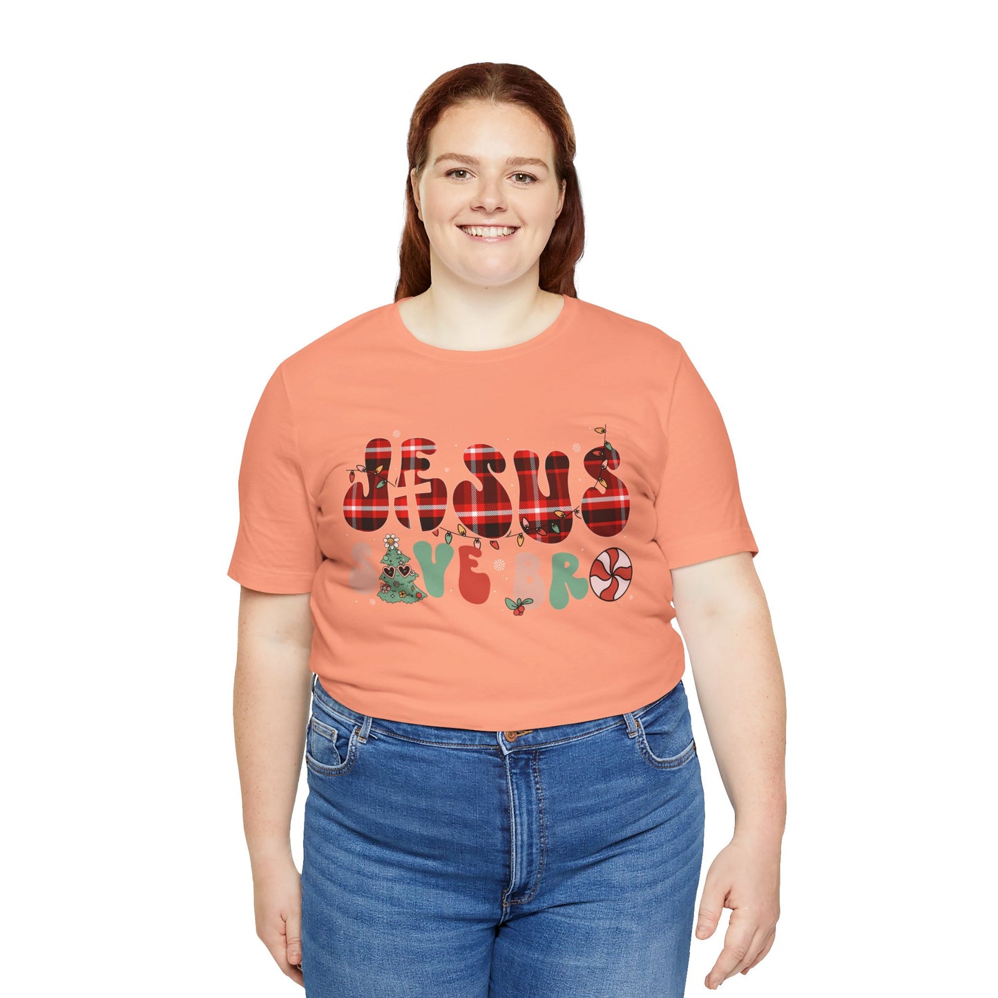 Groovy Jesus Saves Bro Shirt – Retro Red Plaid Christian Christmas Tee