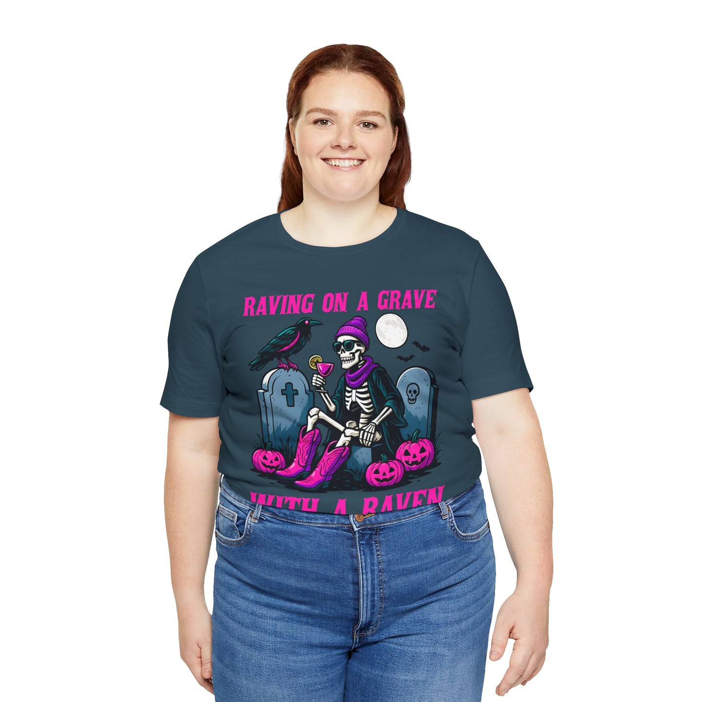 Raving on a Grave Shirt – Halloween Skeleton Raven Gothic Party Tee
