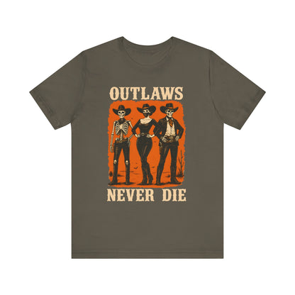 Outlaws Never Die Shirt – Gothic Western Skeleton Cowboy Halloween Tee