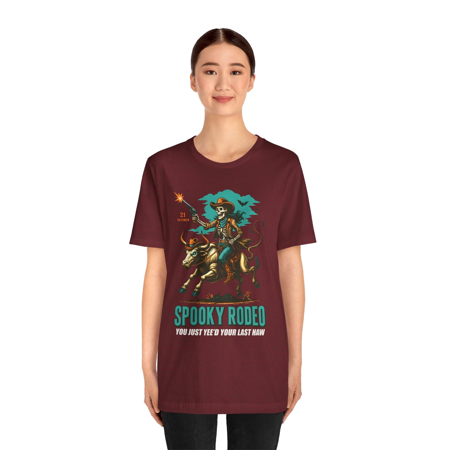 Spooky Rodeo Shirt Skeleton Cowboy Halloween Tee, Western Bull Rider Graphic for Fall