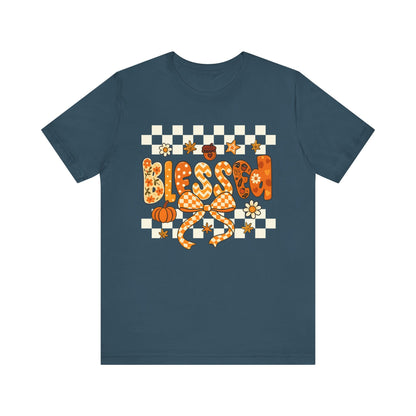 Blessed Checkerboard Pumpkin Shirt – Christian Thankful Fall Thanksgiving Tee
