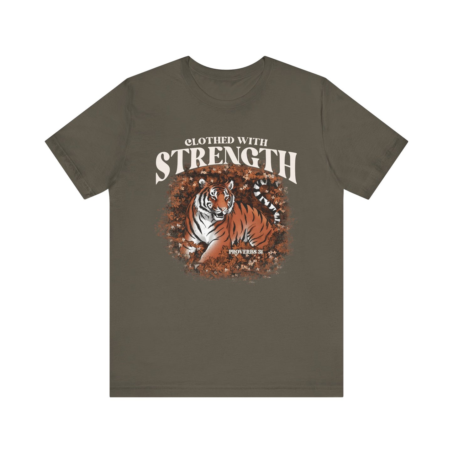 Clothed With Strength Shirt – Christian Tiger Cherry Blossom Proverbs 31:25 Tee