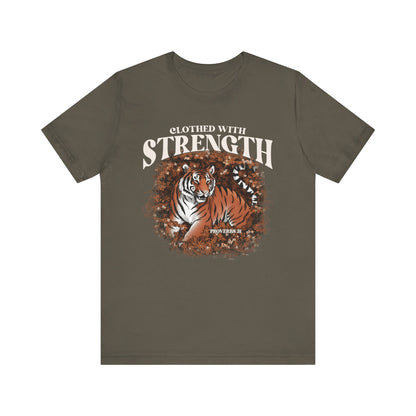 Clothed With Strength Shirt – Christian Tiger Cherry Blossom Proverbs 31:25 Tee