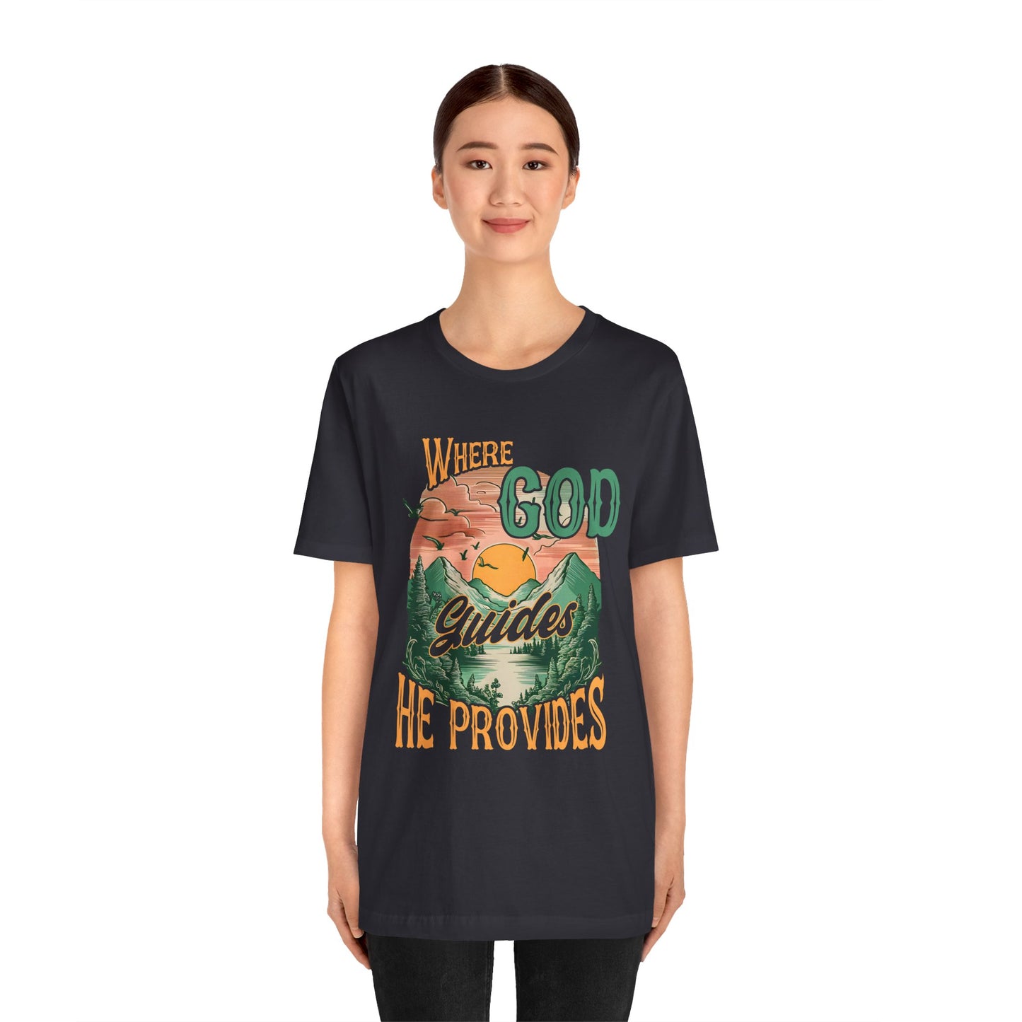 Where God Guides He Provides Shirt – Mountain Sunset Retro Christian Tee