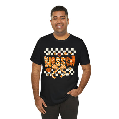 Blessed Checkerboard Pumpkin Shirt – Christian Thankful Fall Thanksgiving Tee