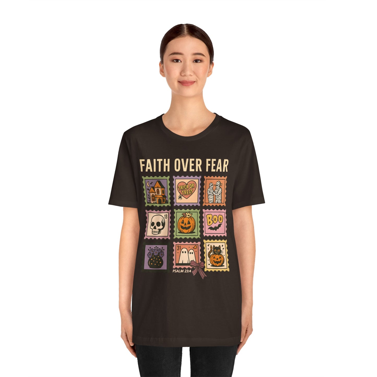 Faith Over Fear Shirt, Christian Halloween Stamp T-Shirt, Religious Spooky Season Tee