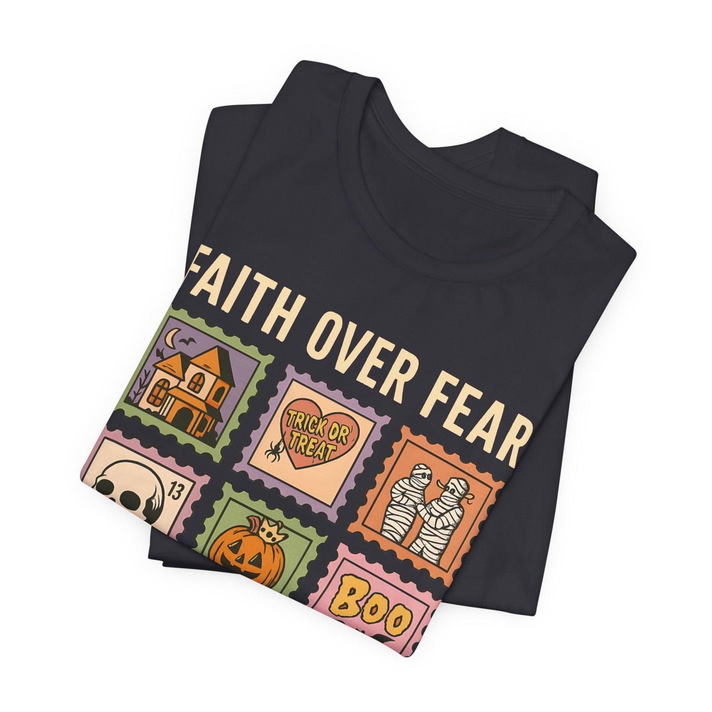 Faith Over Fear Shirt, Christian Halloween Stamp T-Shirt, Religious Spooky Season Tee