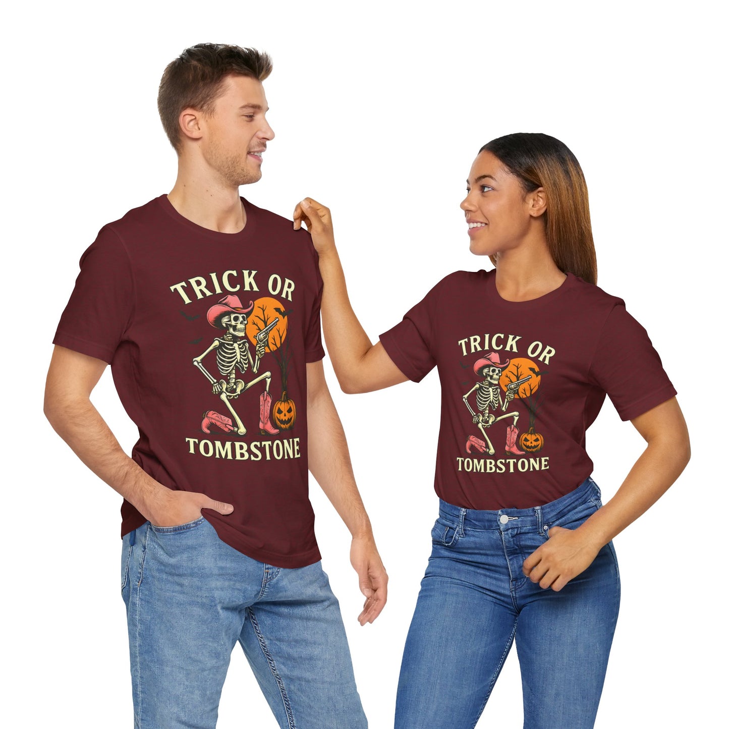 Trick or Tombstone Shirt Funny Skeleton Cowboy Halloween Tee, Spooky Western Rodeo Outfit