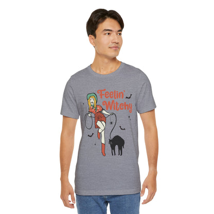 Feelin’ Witchy Shirt Vintage Pin-Up Witch & Black Cat Halloween Tee