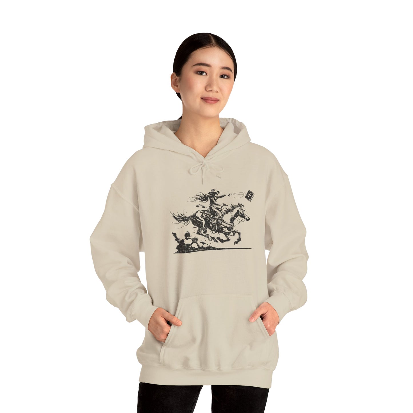 Cowgirl Riding Horse Hoodie – Christian Scripture Western Rodeo Texas Pullover