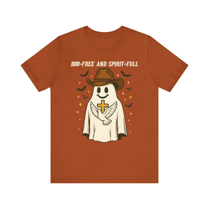 Boo Free and Spirit Full Shirt – Christian Ghost Cowboy Halloween Faith Tee