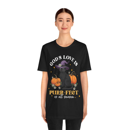 God’s Love Is Purr-fect Shirt – Cute Christian Black Cat Pumpkin Fall Faith Tee